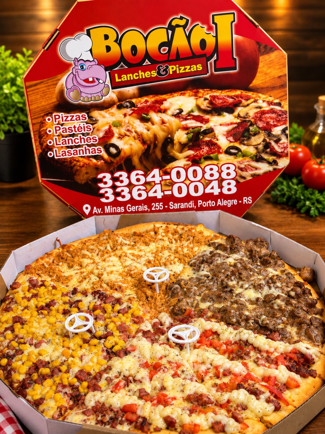 Pizza do Bocão 1 na caixa da casa, dividida em vários sabores